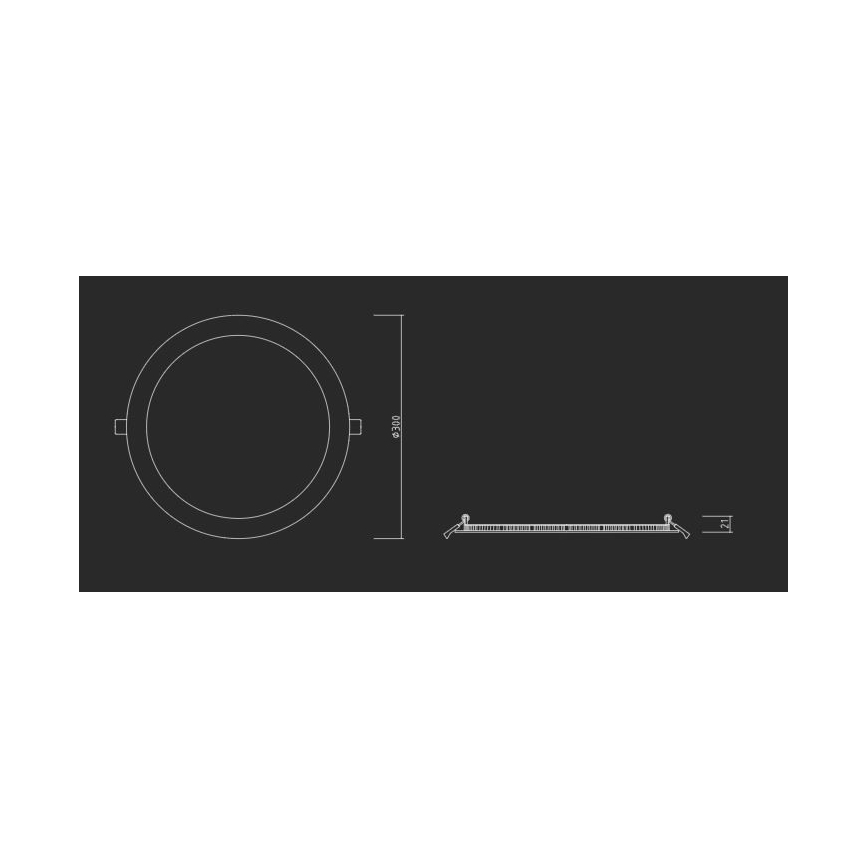 Technický výkres kruhového LED svietidla s priemerom 2100 mm a hrúbkou 21 mm. Svietidlo je zobrazené zhora a zboku.