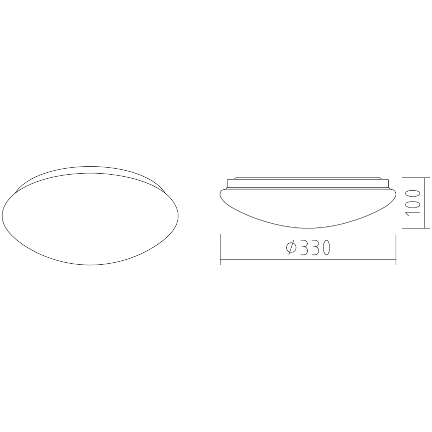 Svietidlo s oválnym tvarom je zobrazené v dvoch pohľadoch. Má priemer 330 mm a výšku 100 mm. Technický nákres ukazuje rozmery.