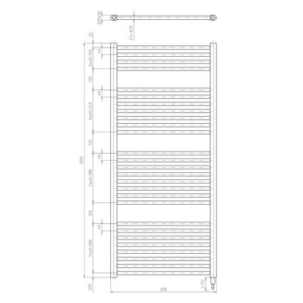 Technický výkres vykurovacieho telesa s rozmermi 600 x 1320 mm. Teleso je zložené z vodorovných lamiel. Súčasťou výkresu sú detailné rozmery jednotlivých častí.