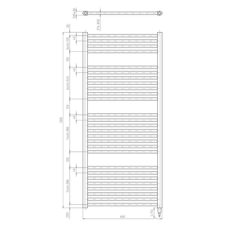 Technický výkres vykurovacieho telesa s rozmermi 600 x 1320 mm. Teleso je zložené z vodorovných lamiel. Súčasťou výkresu sú detailné rozmery jednotlivých častí.