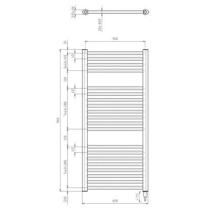 Dvojité držiak na uteráky s rozmermi 600x560 mm je zobrazený na technickom výkrese s detailnými rozmermi jednotlivých častí. Výkres uvádza presné rozmery v mm.