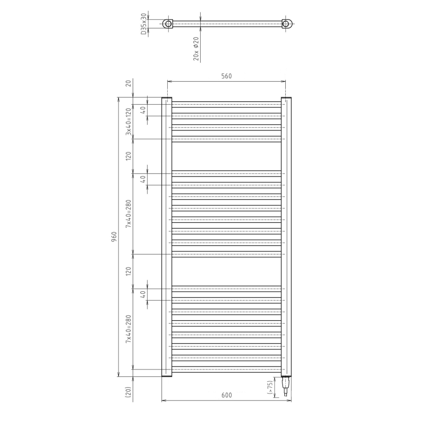 Dvojité držiak na uteráky s rozmermi 600x560 mm je zobrazený na technickom výkrese s detailnými rozmermi jednotlivých častí. Výkres uvádza presné rozmery v mm.