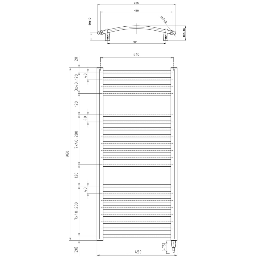 Aqualine - Kúpeľňový elektrický radiátor ORBIT-E 300W/230V 96 cm biela oblý