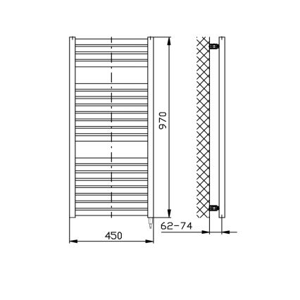 Technický výkres vykresľuje vertikálny radiátor s rozmermi 450 x 970 mm a hĺbkou 62-74 mm. Radiátor je zobrazený v čelnom a bočnom pohľade s detailom uchytenia na stenu.