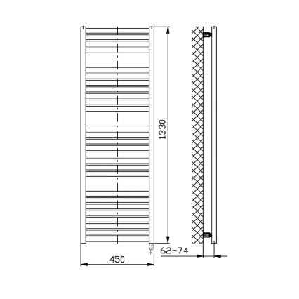 Technický výkres zobrazuje držiak na uteráky s rozmermi 450 x 1330 mm a hĺbkou 62-74 mm. Je znázornený v bočnom a čelnom pohľade, pričom je viditeľná jeho konštrukcia a spôsob upevnenia na stenu.