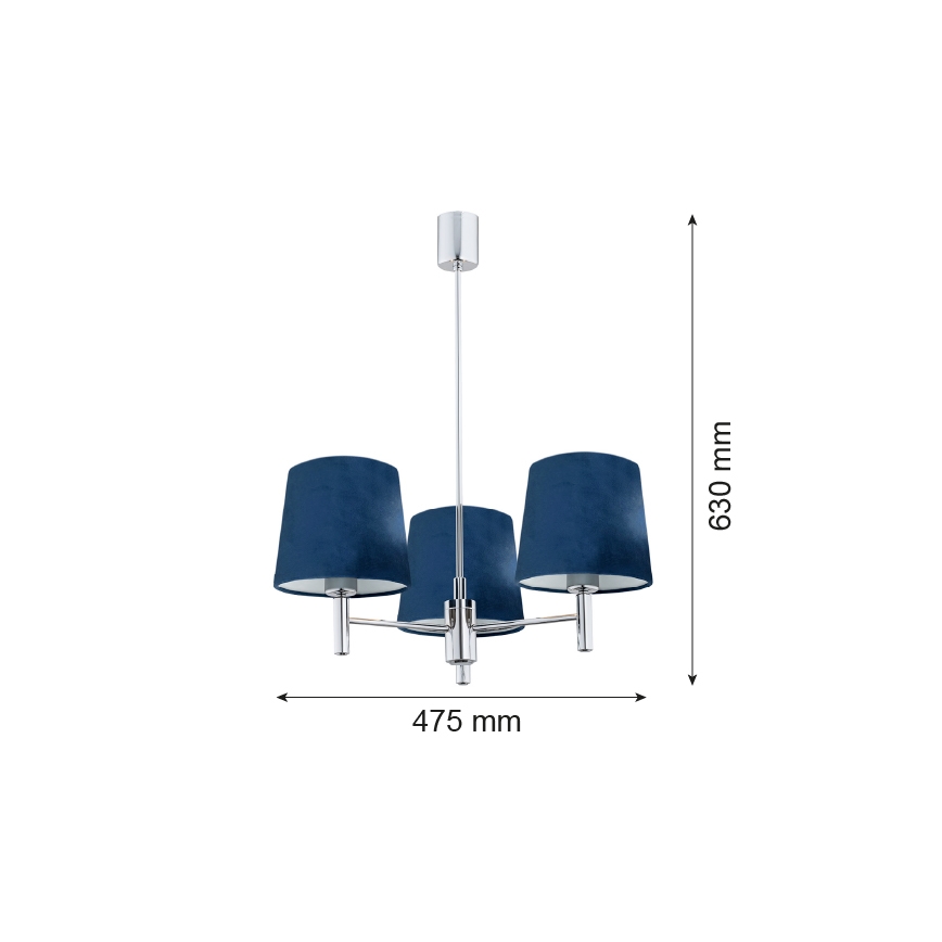 Argon 1381 - Luster na tyči BOLZANO 3xE27/15W/230V modrá/lesklý chróm