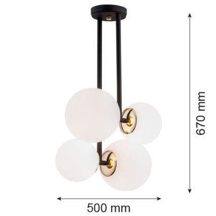 Závesné svietidlo s piatimi mliečnobielymi guľovými tienidlami zavesenými na dvoch čiernych tyčiach s detailmi zlatej farby. Rozmery: 500 mm x 670 mm.