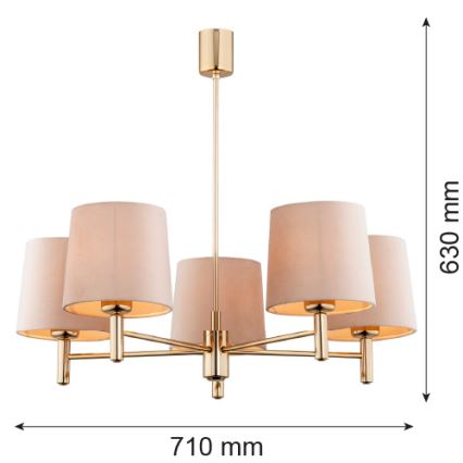 Závesný luster s piatimi tienidlami visí z kovového ramena. Tienidlá sú svetložlté, kovová konštrukcia je zlatá. Rozmery: 710 mm šírka, 630 mm výška.