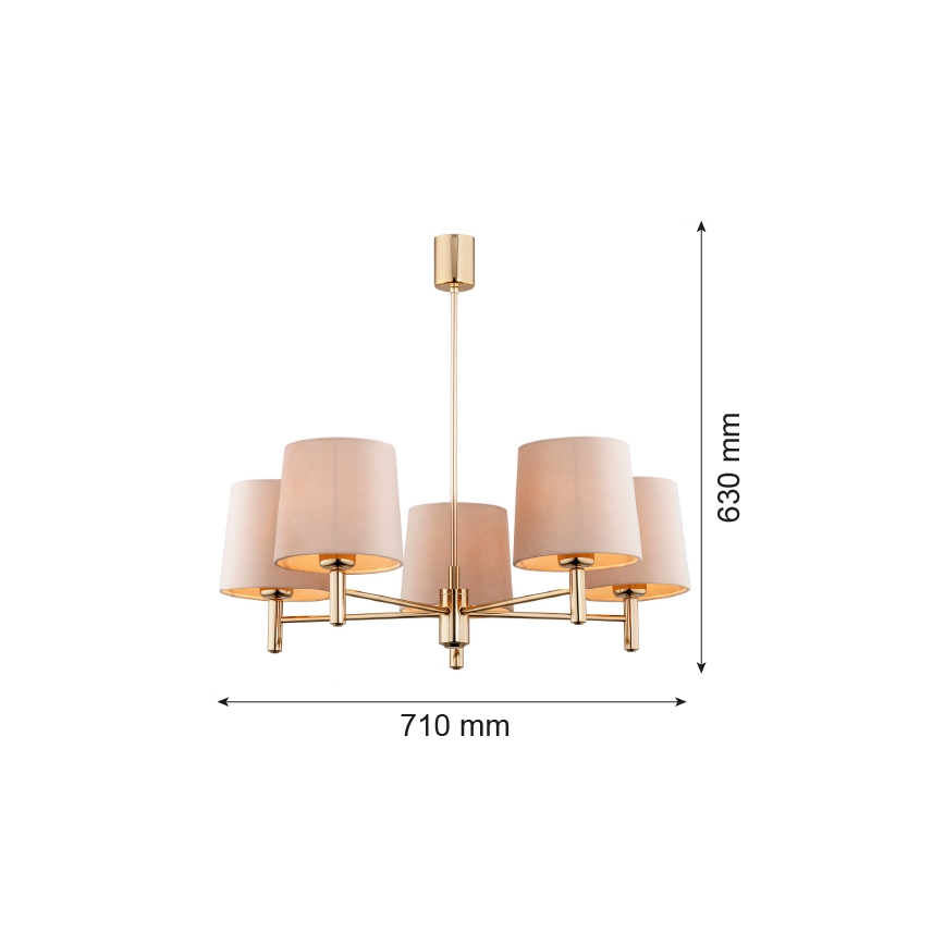 Závesný luster s piatimi tienidlami visí z kovového ramena. Tienidlá sú svetložlté, kovová konštrukcia je zlatá. Rozmery: 710 mm šírka, 630 mm výška.