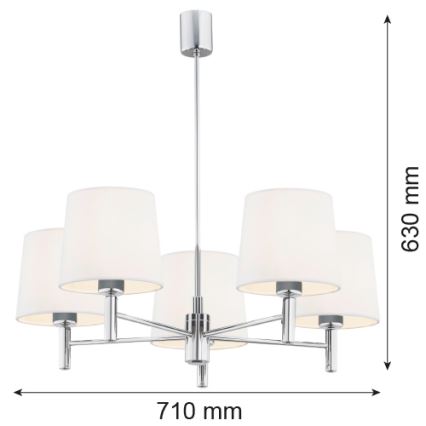 Päťramenný lustr s bielymi tienidlami visí zo stropu. Má chrómový kovový rám. Rozmery: 710 mm x 630 mm.