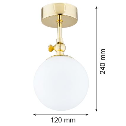 Svietidlo s bielym guľovým tienidlom a zlatou kovovou konštrukciou je pripevnené na stene. Rozmery: výška 240 mm, priemer tienidla 120 mm.