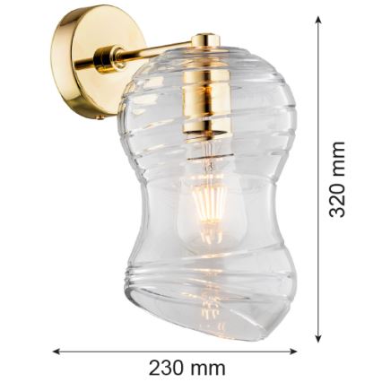 Nástená lampa s priehľadným skleneným tienidlom s vlnitým vzorom a zlatou kovovou konštrukciou. Rozmery: 230 mm x 320 mm.