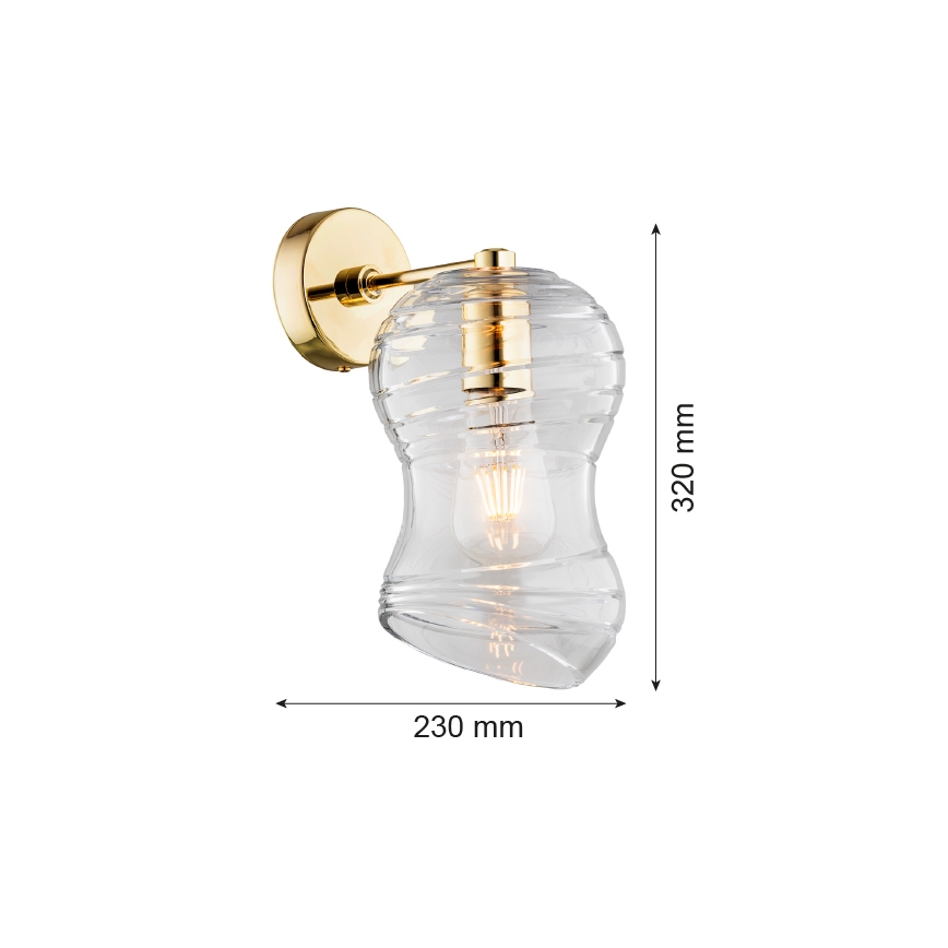Nástená lampa s priehľadným skleneným tienidlom s vlnitým vzorom a zlatou kovovou konštrukciou. Rozmery: 230 mm x 320 mm.