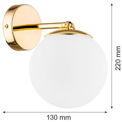 Zlatá nástenná lampa s guľovou mliečnou tienidlom je pripevnená na stenu. Rozmery: 130 mm x 220 mm.