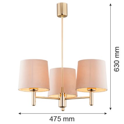 Trojramenná zlatá lustre visí zo stropu. Má tri svetlohnedé tienidlá. Rozmery: výška 630 mm, šírka 475 mm.
