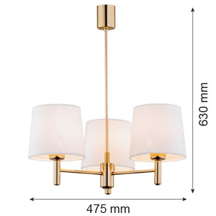 Trojramenné zlaté závesné svietidlo s textilnými tienidlami visí zo stropu. Rozmery: šírka 475 mm, výška 630 mm.