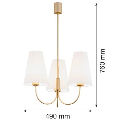 Trojramenný zlatý luster s bielymi tienidlami visí zo stropu. Rozmery: 490 mm (šírka), 760 mm (výška).