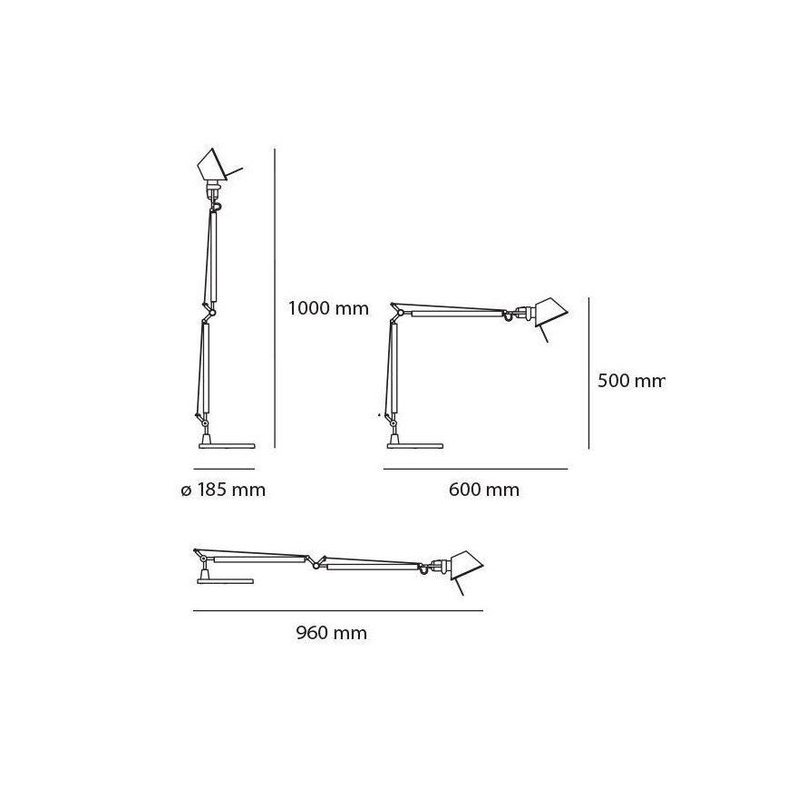 Stolová lampa – rôzne nastavenia výšky a uhla svietidla. Rozmery: výška 1000 mm, šírka 600 mm, dĺžka 960 mm, priemer základne 185 mm. Výška svietidla od stola 500 mm.