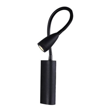Čierna nástenná lampa s ohybným ramenom a dvoma svetlami smeruje doprava. Lampa je pripevnená k štvorcovému podstavcu.