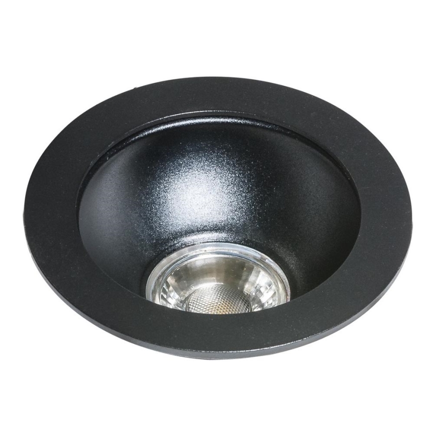 Svietidlo s LED diódu je umiestnené v čiernom, zapustenom kryte. Kryt má tvar misy s okrajom. Svietidlo je izolované na bielom pozadí.