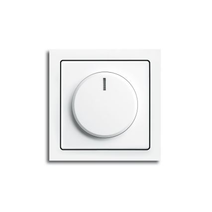 Biely stmievač je umiestnený na stene. Oválny gombík slúži na reguláciu intenzity svetla. Stmievač je súčasťou štvorcovej bielej nástennej skrinky.