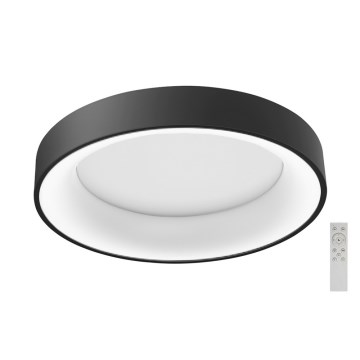 Svietidlo svieti. Je okrúhle, čierne s bielym vnútorným kruhom. Nachádza sa na bielom pozadí.