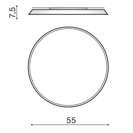 Kruhový svietidlo s priemerom 55 a výškou 7,5 cm. Je zobrazené v čelnom a bočnom pohľade, s rozmermi.