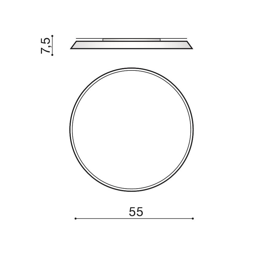Kruhový svietidlo s priemerom 55 a výškou 7,5 cm. Je zobrazené v čelnom a bočnom pohľade, s rozmermi.