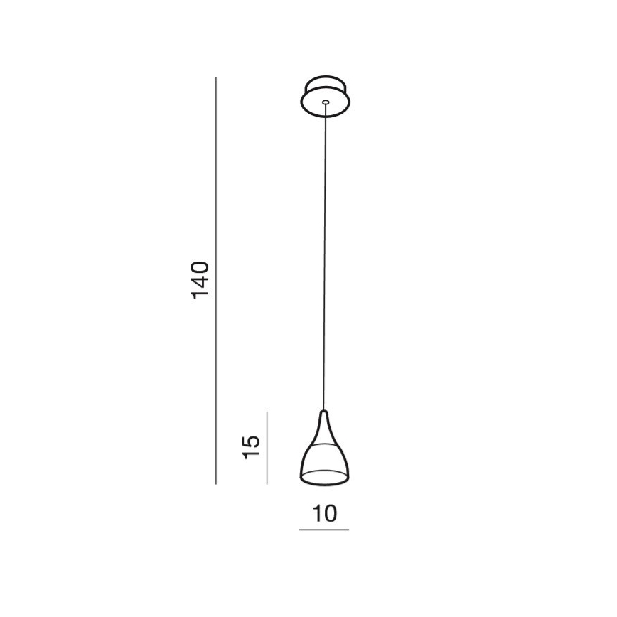 Závesné svietidlo visí zo stropu. Má kužeľovitý tienidlo s rozmermi 10 x 15 cm a celková dĺžka je 140 cm.