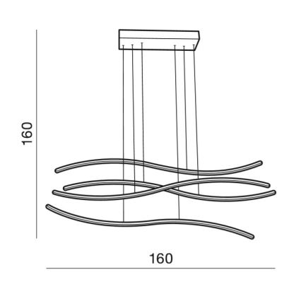 Závesné svietidlo s tromi vlnitými ramenami visí zo štvorcovej stropnej konzoly. Rozmery svietidla sú 160 x 160 cm.