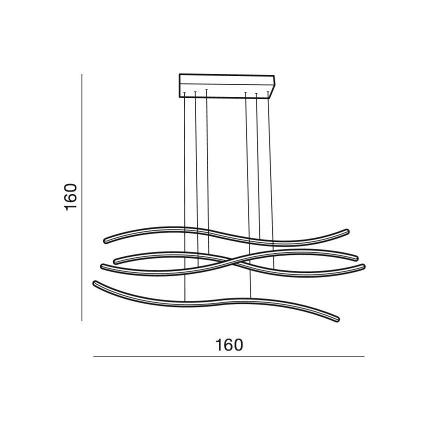 Závesné svietidlo s tromi vlnitými ramenami visí zo štvorcovej stropnej konzoly. Rozmery svietidla sú 160 x 160 cm.