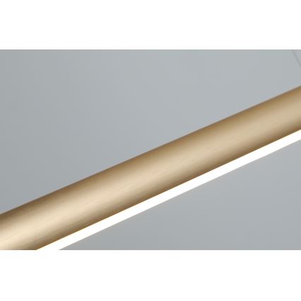 Zlatá kovová tyč s integrovaným LED osvetlením je umiestnená pod uhlom na svetlom sivom pozadí.
