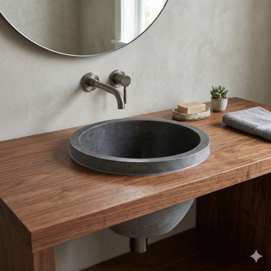 Bathco 00374 - Zápustené umývadlo do dosky MIRAGE pr. 40 cm kameň/sivá