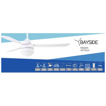 BAYSIDE 531016 - Stropný ventilátor MEGARA 2xE14/15W/230V biela + diaľkové ovládanie