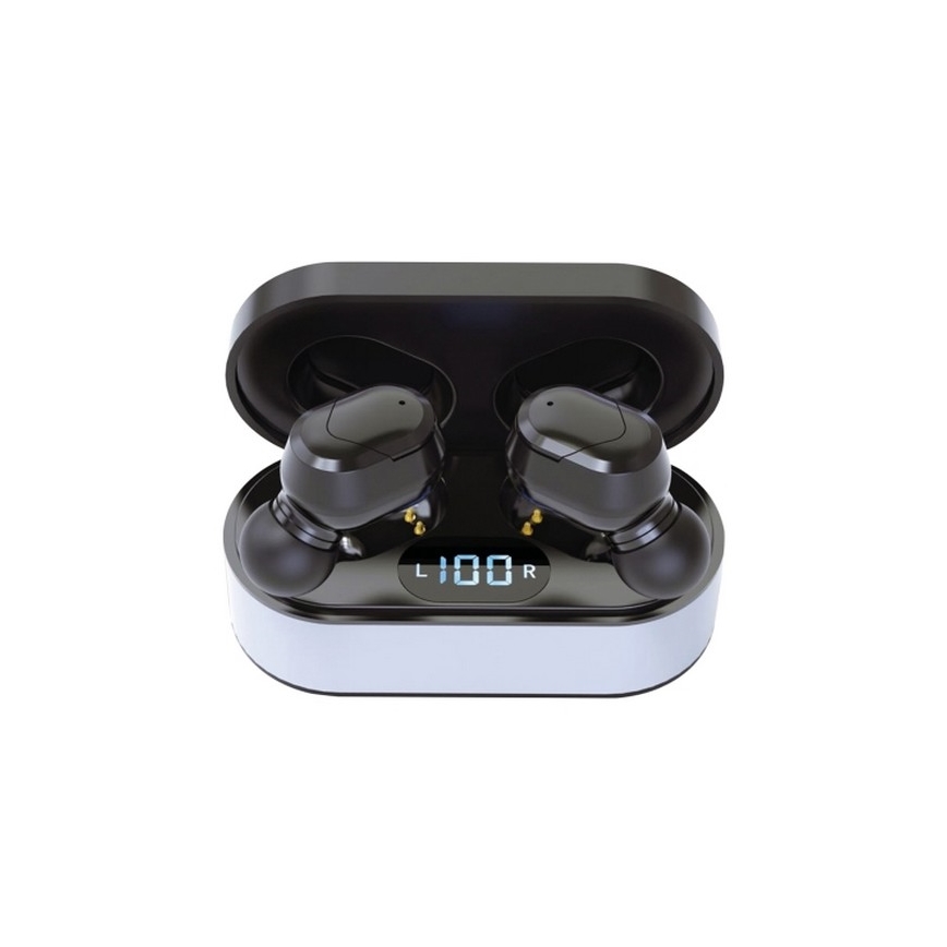 Bezdrôtové slúchadlá SPORT  Bluetooth V5.0 + LED nabíjacia stanica čierna