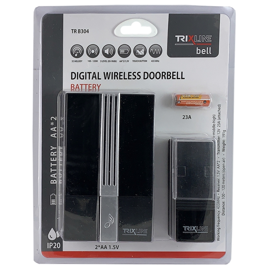 Bezdrôtový zvonček BELL 1x23A + 2xAA čierna