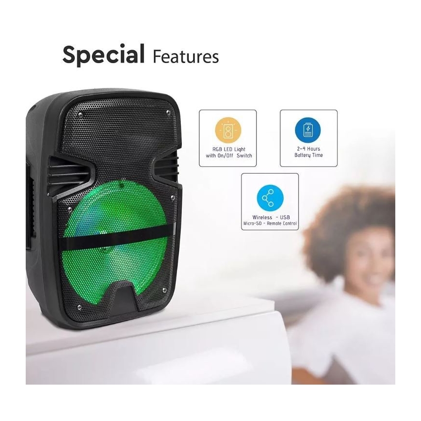 Bluetooth prenosný reproduktor s mikrofónom 15W/3,7V LED RGB + DO