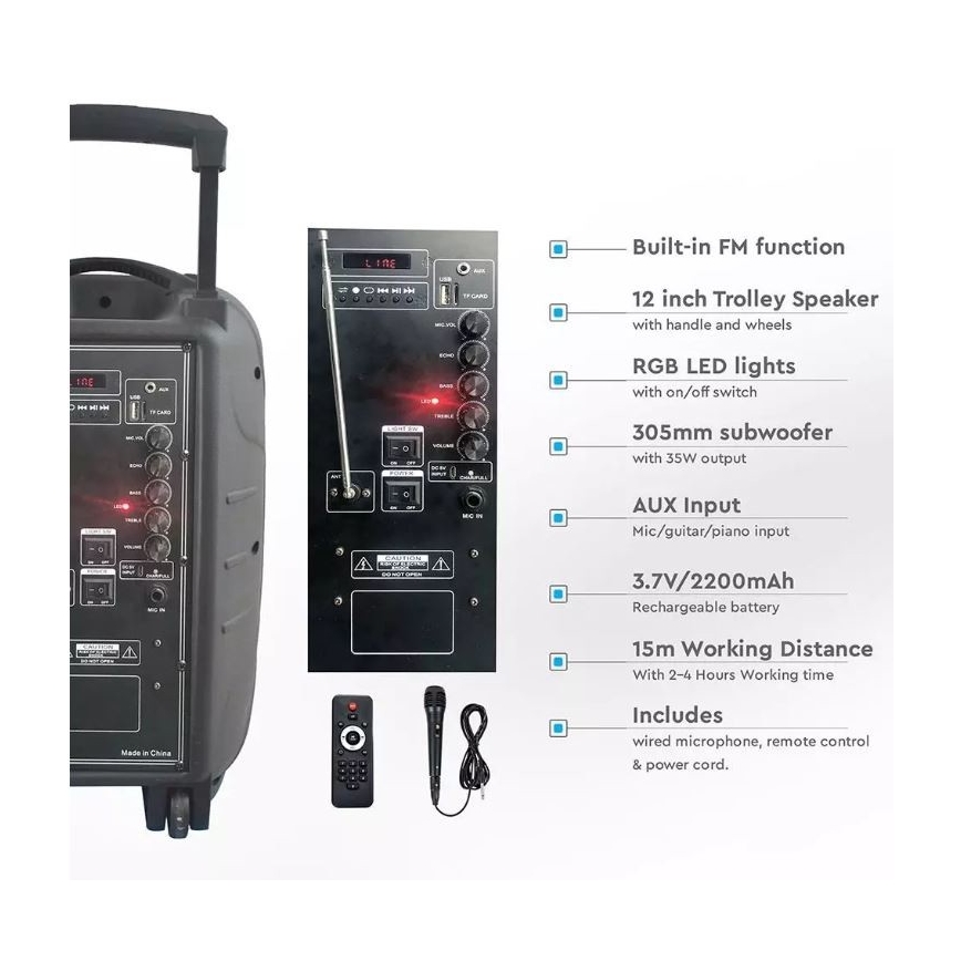 Bluetooth prenosný reproduktor s mikrofónom 35W/3,7V LED RGB + DO