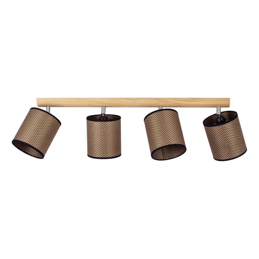 Drevená lišta s štyrmi zavesenými cylindrickými tienidlami z pleteného materiálu svetlohnedej farby s čiernym okrajom. Tienidlá sú mierne natočené do strán. Lišta je umiestnená na bielom pozadí.