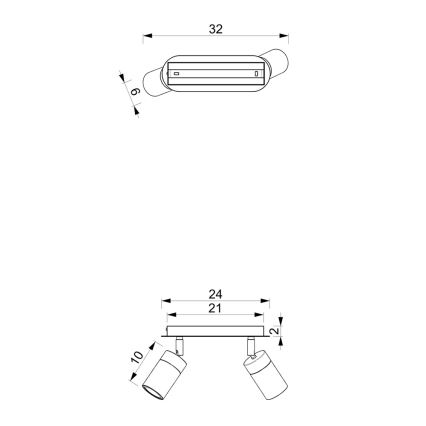 Technický výkres dvoch svietidiel s valcovými tienidlami, pripevnených k obdĺžnikovej základni, a samostatného svietidla s obdĺžnikovým telom. Rozmery sú uvedené v milimetroch.