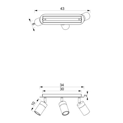 Technický výkres zobrazuje trojité svietidlo s valcovými reflektormi pripevnenými na dlhšej lište. Rozmery: lišta 30x2 cm, celková šírka 34 cm, výška reflektorov 10 cm, horné svietidlo 43 cm.