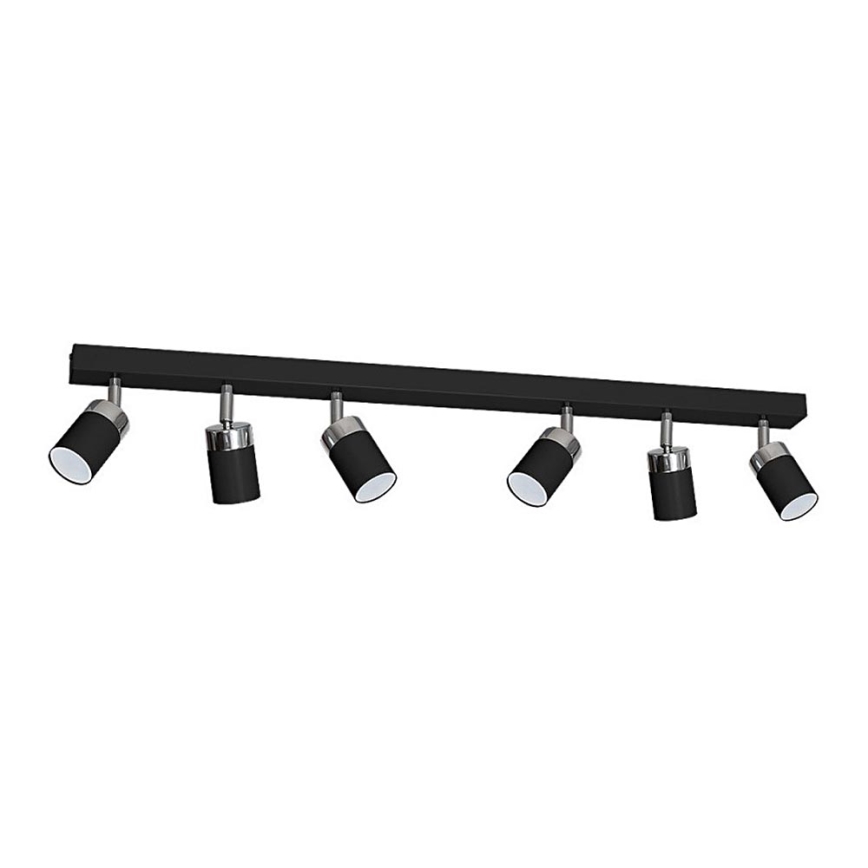 Päťčlenná svietidlová zostava s čiernymi tienidlami a chrómovými detailmi je pripevnená na čiernej lište. Svietidlá smerujú dolu. Zostava je osvetľovacím telesom.