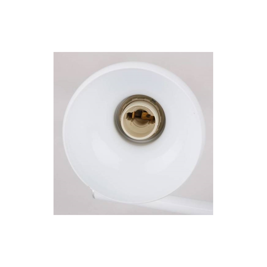 Biela kovová svietidlová objímka s viditeľným E27 závitom je pripevnená k bielej kovovej konštrukcii.