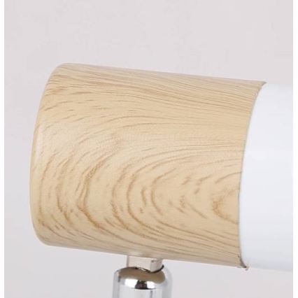 Svietidlo s dreveným a bielym valcovým tienidlom je pripevnené k kovovému držiaku. Tienidlo je svetlohnedé, s imitáciou drevenej štruktúry.