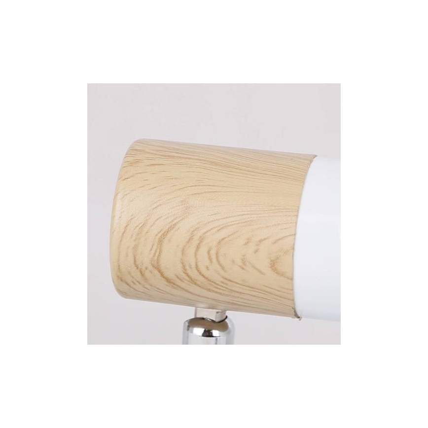 Svietidlo s dreveným a bielym valcovým tienidlom je pripevnené k kovovému držiaku. Tienidlo je svetlohnedé, s imitáciou drevenej štruktúry.