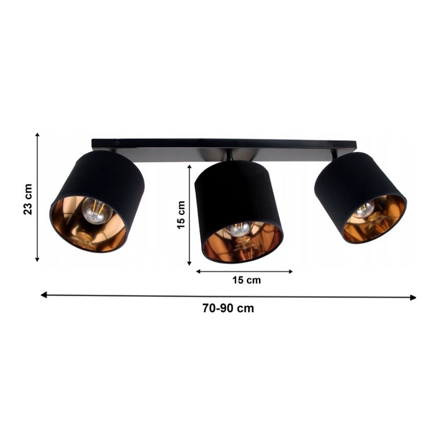 Trojité stropné svietidlo s čiernymi tienidlami a vnútornou medenou vrstvou je pripevnené k čiernej lište. Rozmery: tienidlo 23 x 15 cm, lišta 70-90 cm.