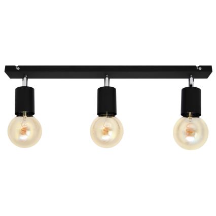 Trojité stropné svietidlo s čiernou kovovou konštrukciou a tromi žiarovkami s teplým svetlom visí na stropnom podklade.