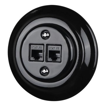 Bohemia-Design - Porcelánová retro ethernetová zásuvka s rámčekom 2xCAT.5E čierna