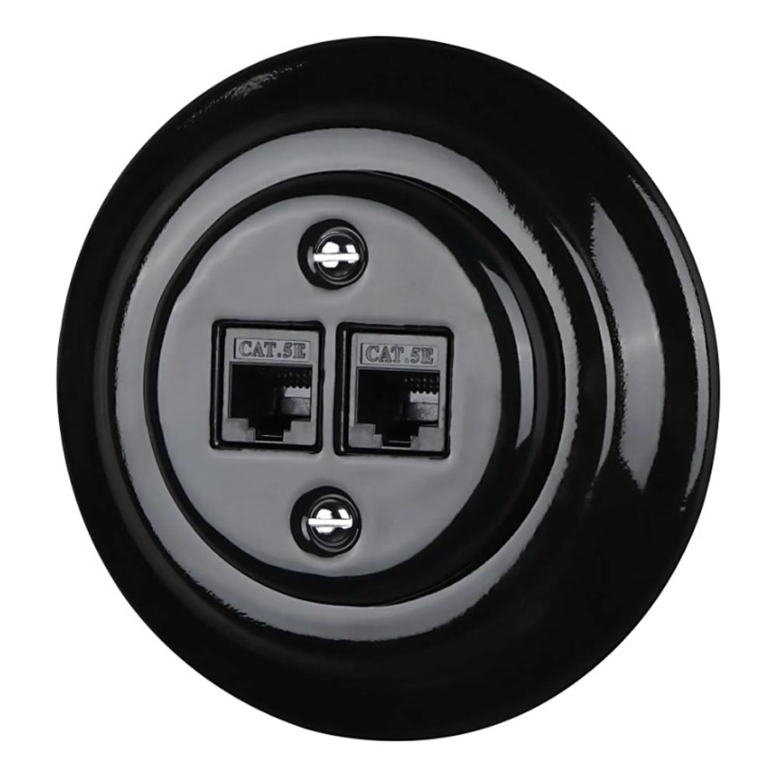 Bohemia-Design - Porcelánová retro ethernetová zásuvka s rámčekom 2xCAT.5E čierna