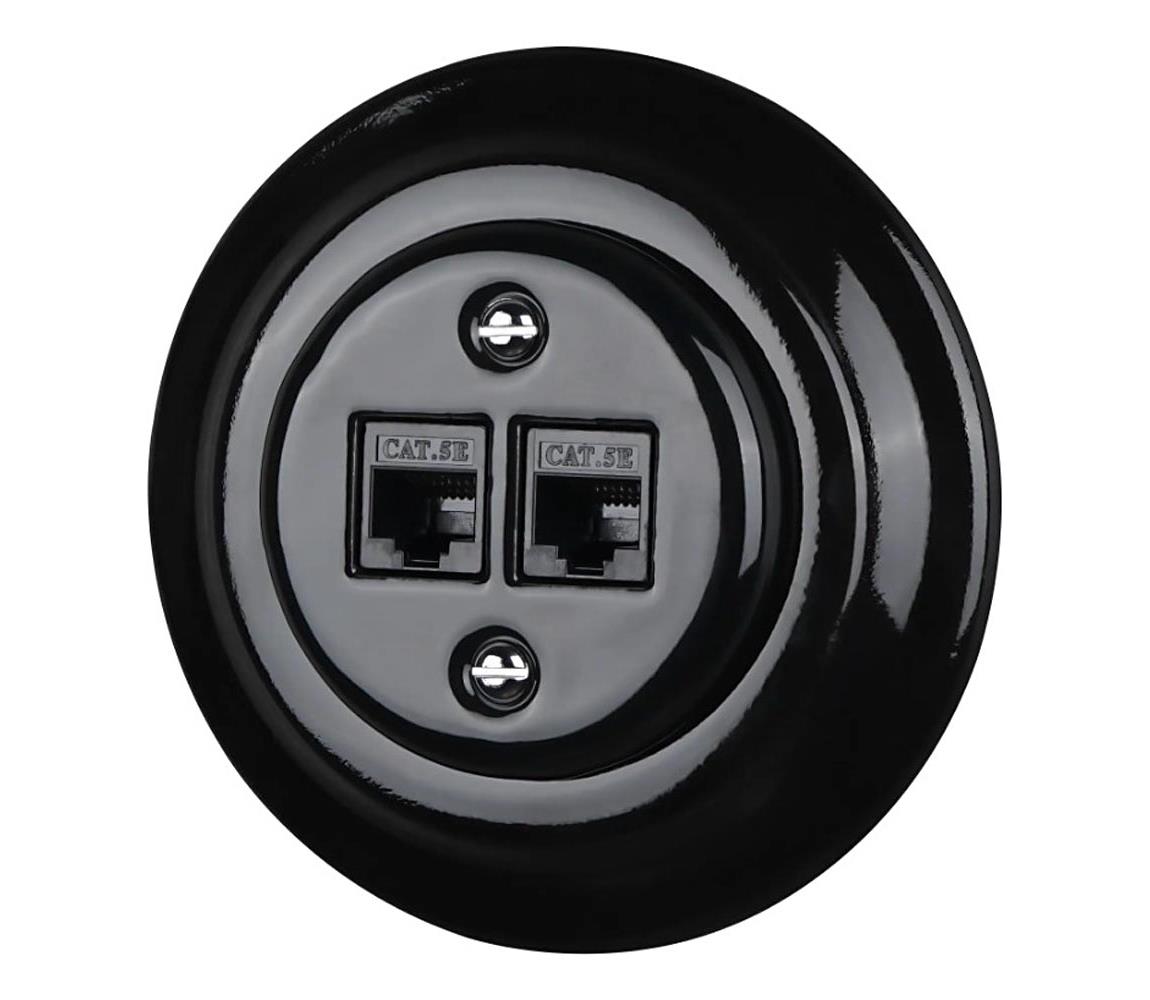 Bohemia-Design - Porcelánová retro ethernetová zásuvka s rámčekom 2× CAT5e čierna 12359387